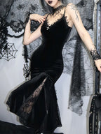 Velvet Sweetheart Lace Trim Cross Pendant Lace Godet Mermaid Maxi Dress