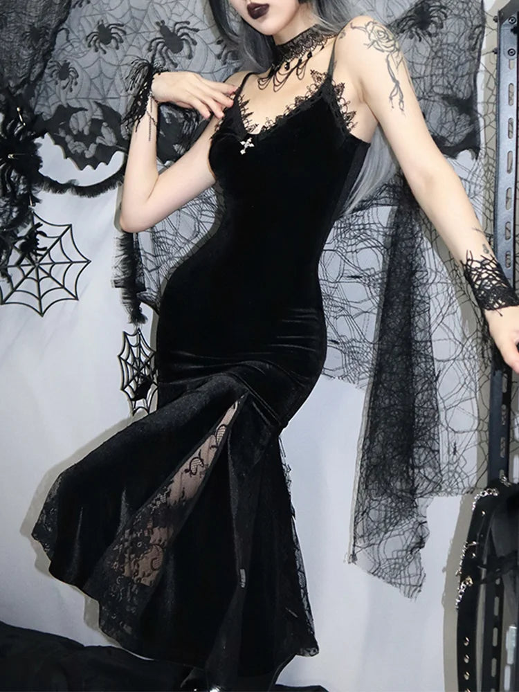 Velvet Sweetheart Lace Trim Cross Pendant Lace Godet Mermaid Maxi Dress