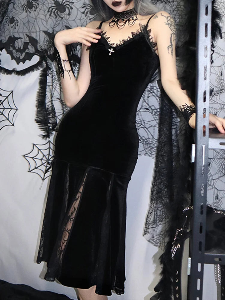 Velvet Sweetheart Lace Trim Cross Pendant Lace Godet Mermaid Maxi Dress