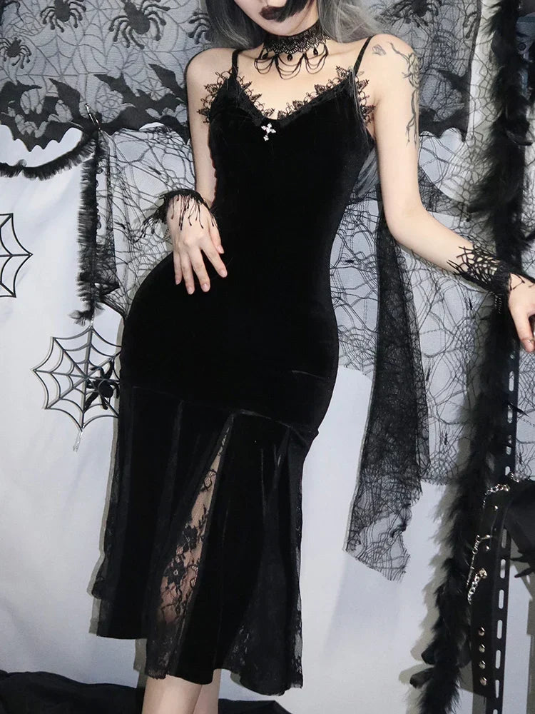 Velvet Sweetheart Lace Trim Cross Pendant Lace Godet Mermaid Maxi Dress