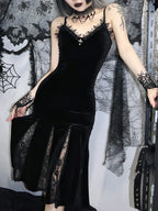 Velvet Sweetheart Lace Trim Cross Pendant Lace Godet Mermaid Maxi Dress