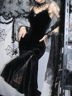Velvet Sweetheart Lace Trim Cross Pendant Lace Godet Mermaid Maxi Dress