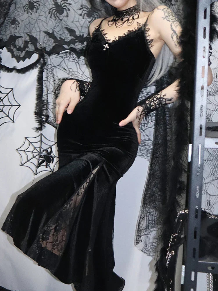 Velvet Sweetheart Lace Trim Cross Pendant Lace Godet Mermaid Maxi Dress