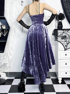 Floral Lace Corset Bodice Cross Detail Spaghetti Strap High Low Velvet Maxi Dress