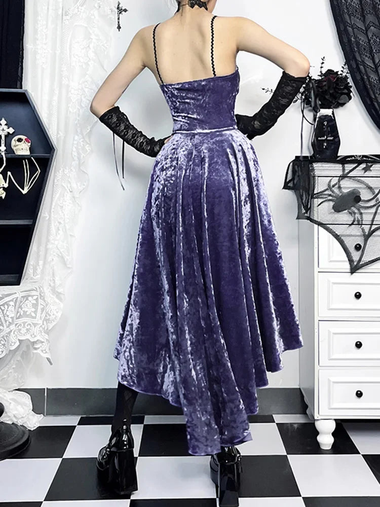 Floral Lace Corset Bodice Cross Detail Spaghetti Strap High Low Velvet Maxi Dress