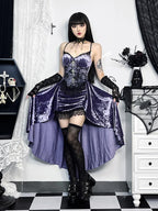 Floral Lace Corset Bodice Cross Detail Spaghetti Strap High Low Velvet Maxi Dress