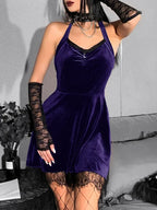 Velvet Halter Ruffle Neck Lace Panel Fit and Flare Mini Dress