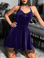 Velvet Halter Ruffle Neck Lace Panel Fit and Flare Mini Dress