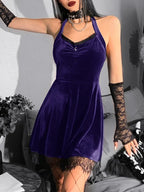 Velvet Halter Ruffle Neck Lace Panel Fit and Flare Mini Dress