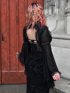 Mesh Bell Sleeve Lace Velvet Burnout Floral Mermaid Maxi Dress