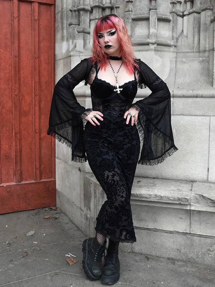Mesh Bell Sleeve Lace Velvet Burnout Floral Mermaid Maxi Dress