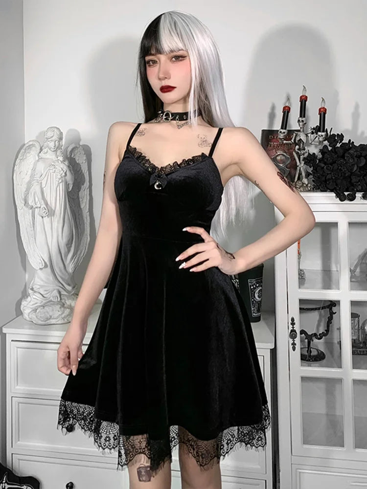 Velvet Sweetheart Neck Lace Trim Moon Charm Spaghetti Strap Fit and Flare Mini Dress