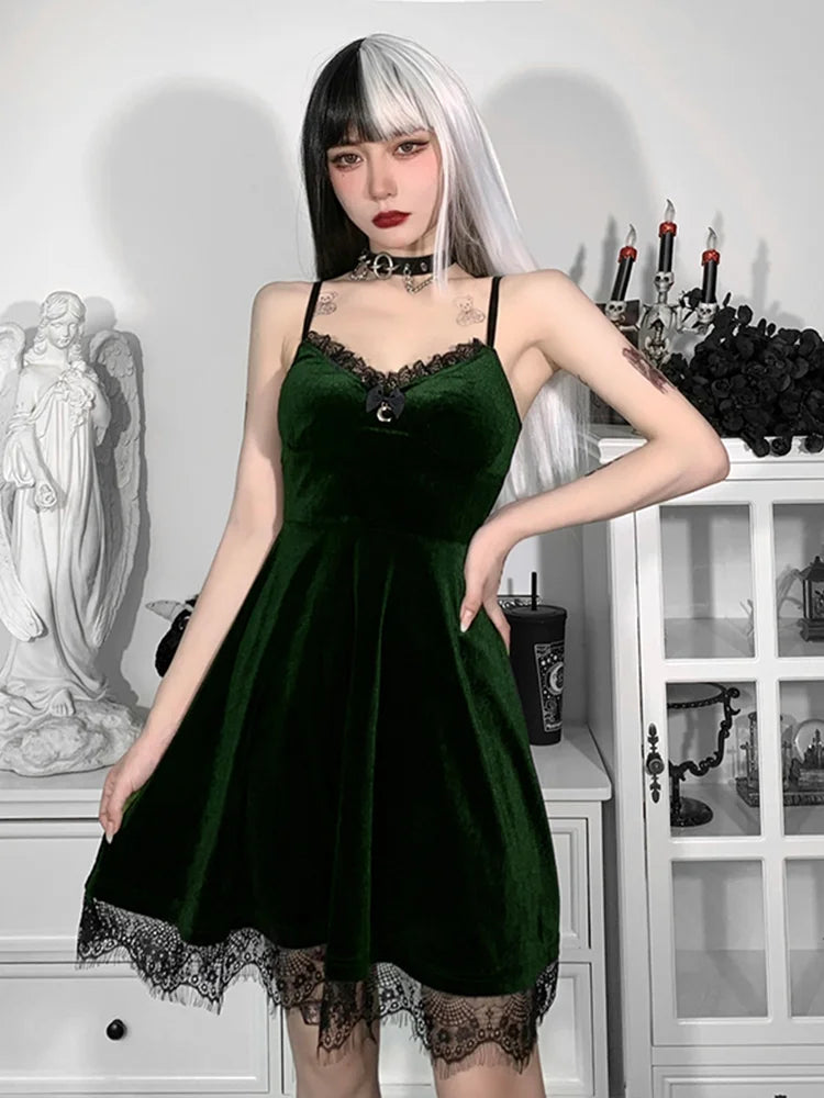 Velvet Sweetheart Neck Lace Trim Moon Charm Spaghetti Strap Fit and Flare Mini Dress