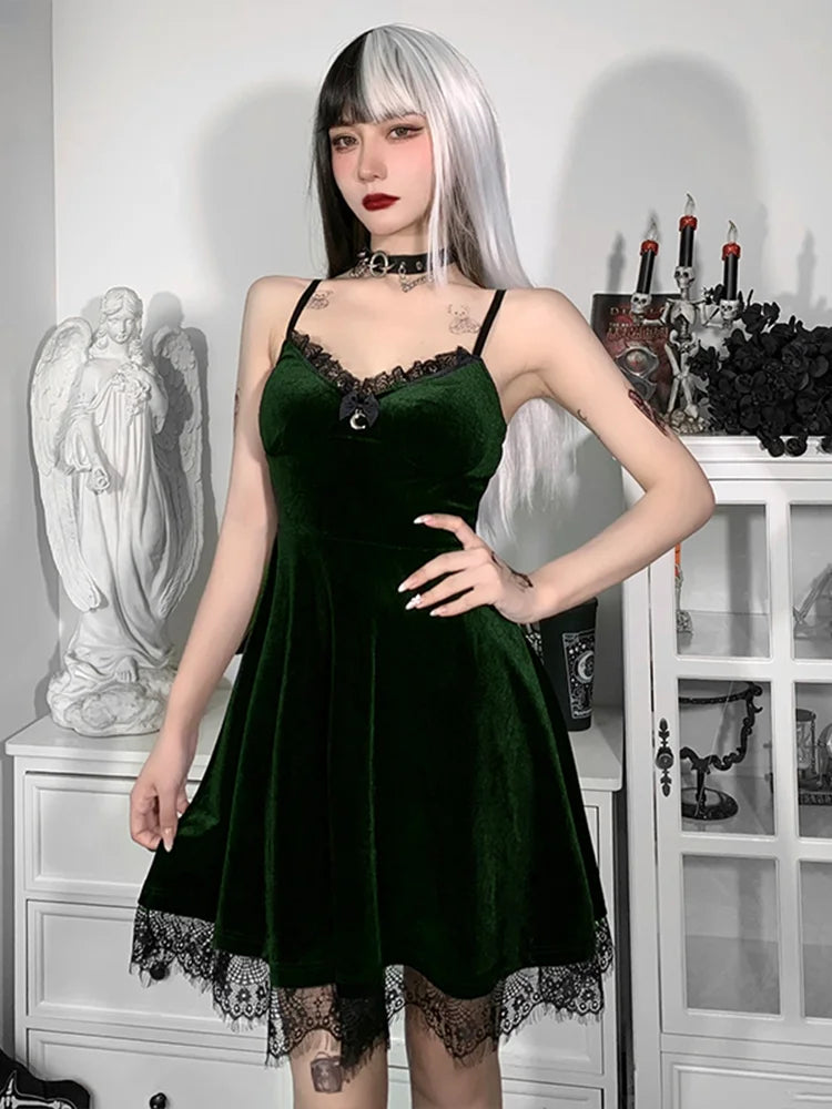 Velvet Sweetheart Neck Lace Trim Moon Charm Spaghetti Strap Fit and Flare Mini Dress
