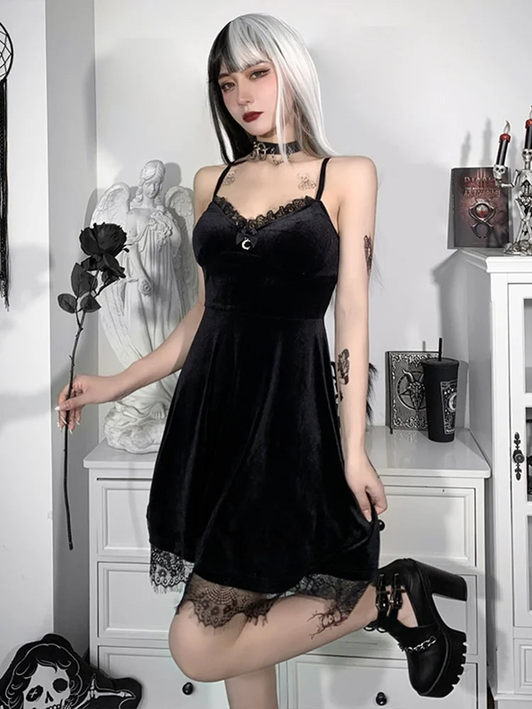 Velvet Sweetheart Neck Lace Trim Moon Charm Spaghetti Strap Fit and Flare Mini Dress
