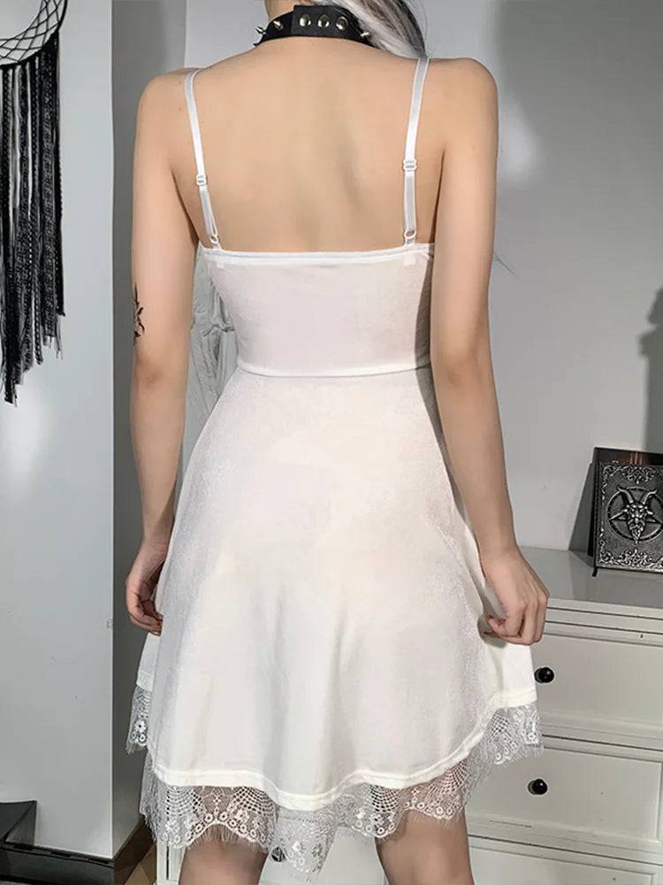 Velvet Sweetheart Neck Lace Trim Moon Charm Spaghetti Strap Fit and Flare Mini Dress