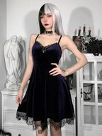 Velvet Sweetheart Neck Lace Trim Moon Charm Spaghetti Strap Fit and Flare Mini Dress