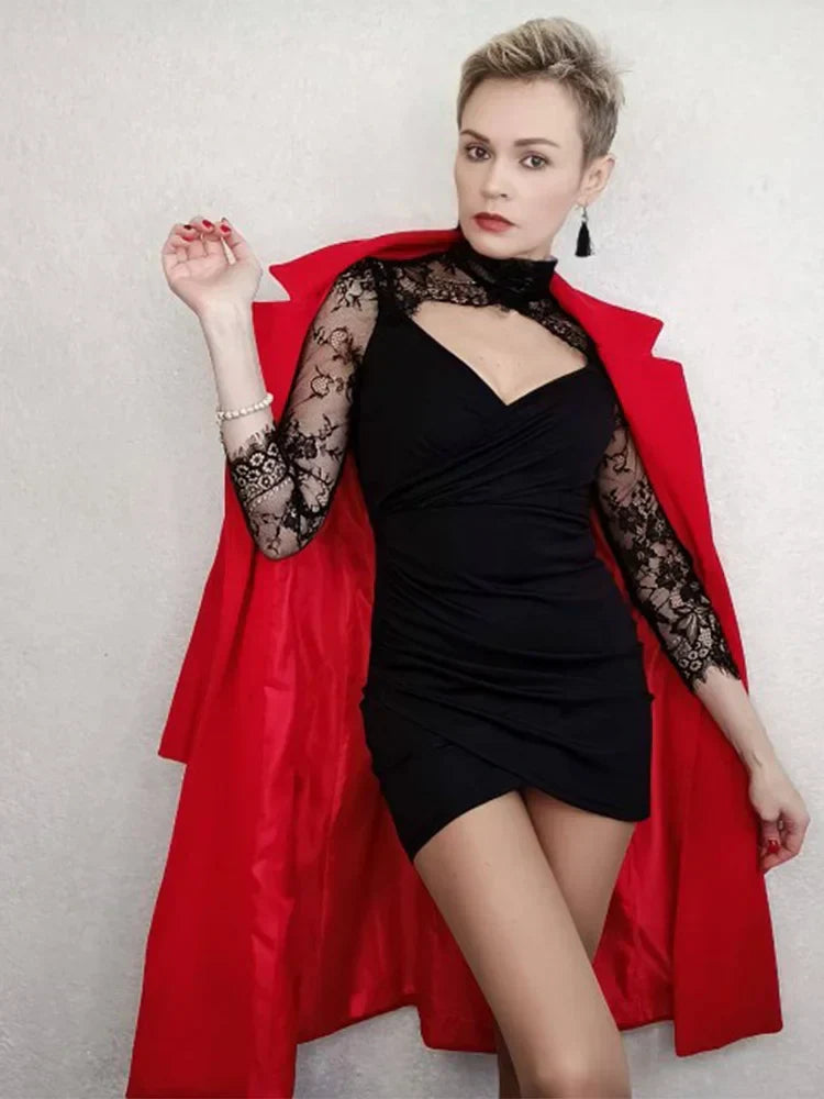 Lace Mock Neck Surplice Wrap Ruched Tulip Hem Bodycon Mini Dress