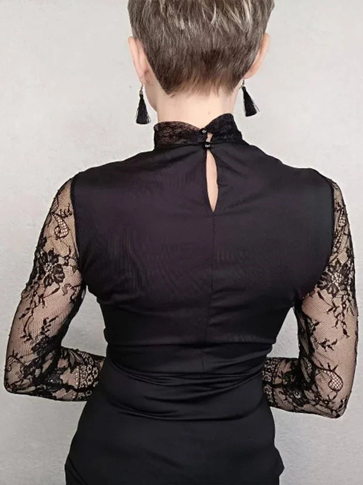 Lace Mock Neck Surplice Wrap Ruched Tulip Hem Bodycon Mini Dress