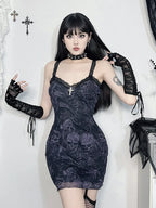 Skeleton Print Lace Trim V-Neck Spaghetti Strap Mesh Mini Dress