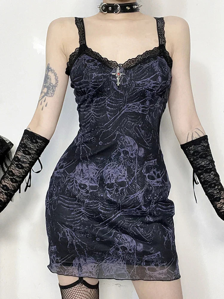 Skeleton Print Lace Trim V-Neck Spaghetti Strap Mesh Mini Dress