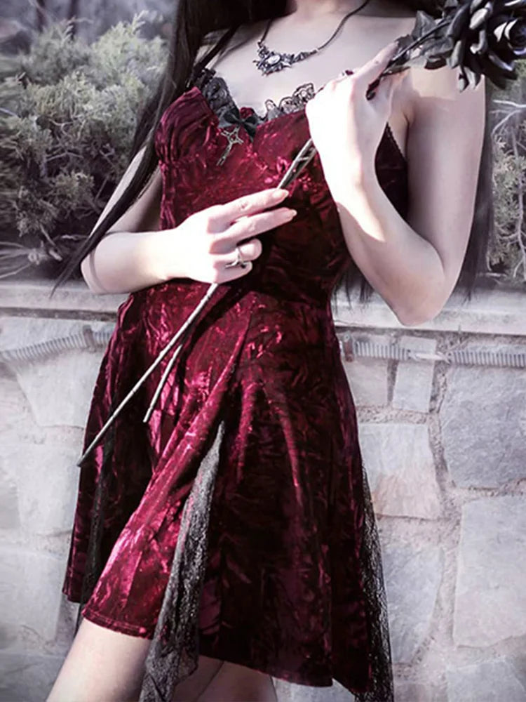 Crushed Velvet Lace Trim Sweetheart Lace Panel Slit Mini Dress