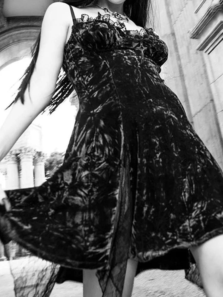 Crushed Velvet Lace Trim Sweetheart Lace Panel Slit Mini Dress