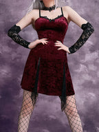 Crushed Velvet Lace Trim Sweetheart Lace Panel Slit Mini Dress