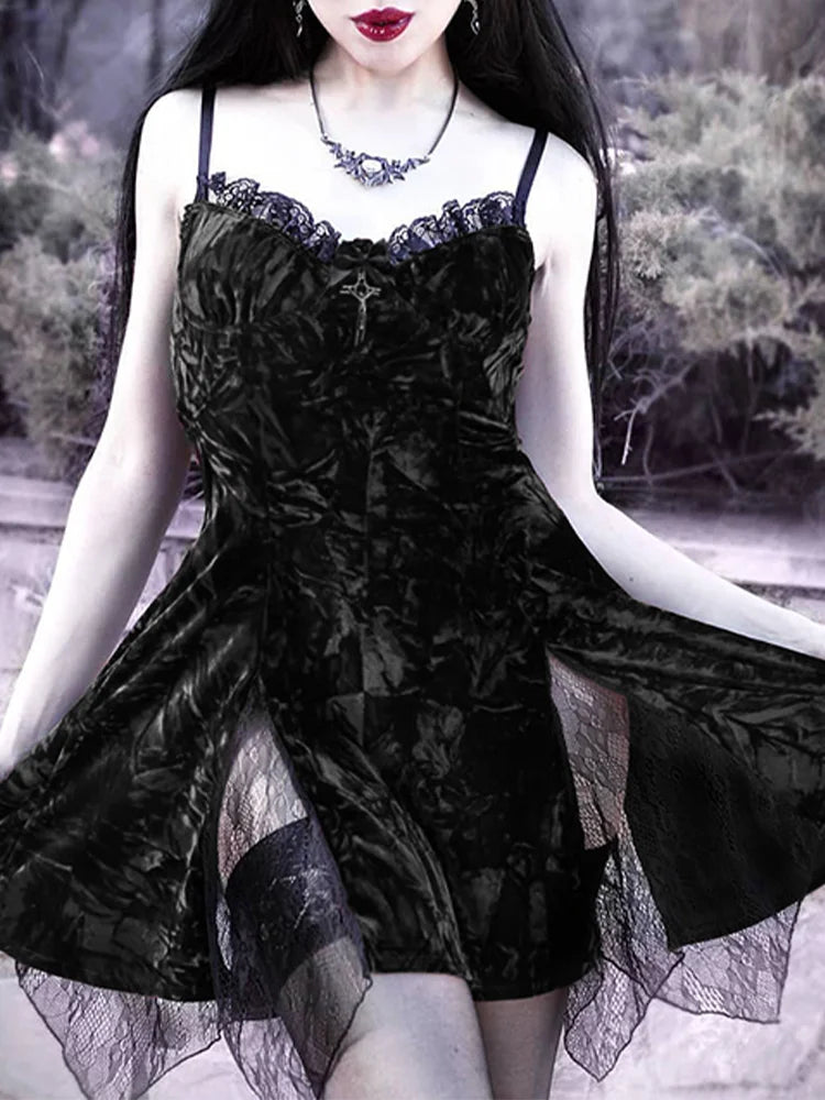Crushed Velvet Lace Trim Sweetheart Lace Panel Slit Mini Dress