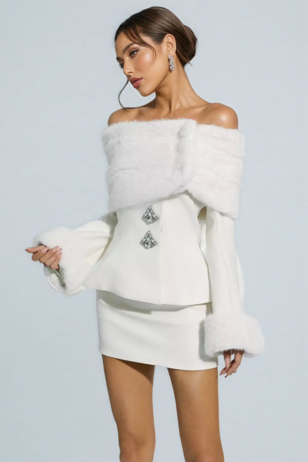 Irene Furry Coat Mini Dress Two-Piece Set