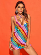 Sequin Disc Scallop Strap Chain Halter Deep V Neck Mini Dress