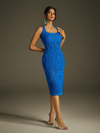 Square Neck Raised Floral Crochet Knit Bodycon Midi Dress
