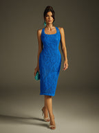 Square Neck Raised Floral Crochet Knit Bodycon Midi Dress