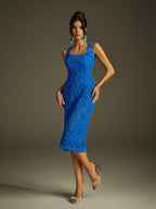 Square Neck Raised Floral Crochet Knit Bodycon Midi Dress
