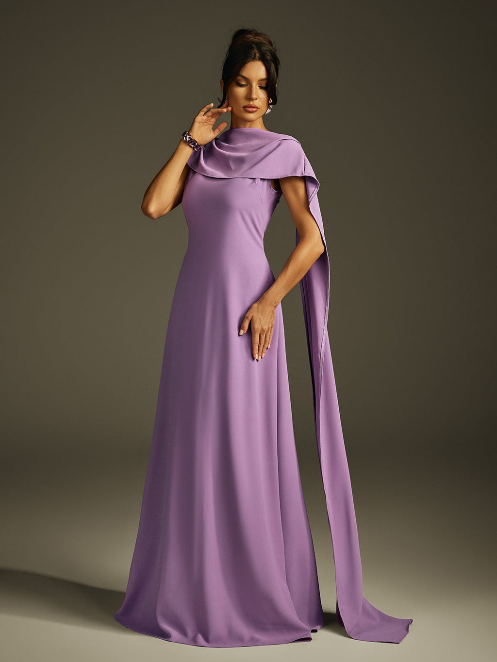 Sleeveless Cowl Neck Cape Panel Drape Floor Length Gown