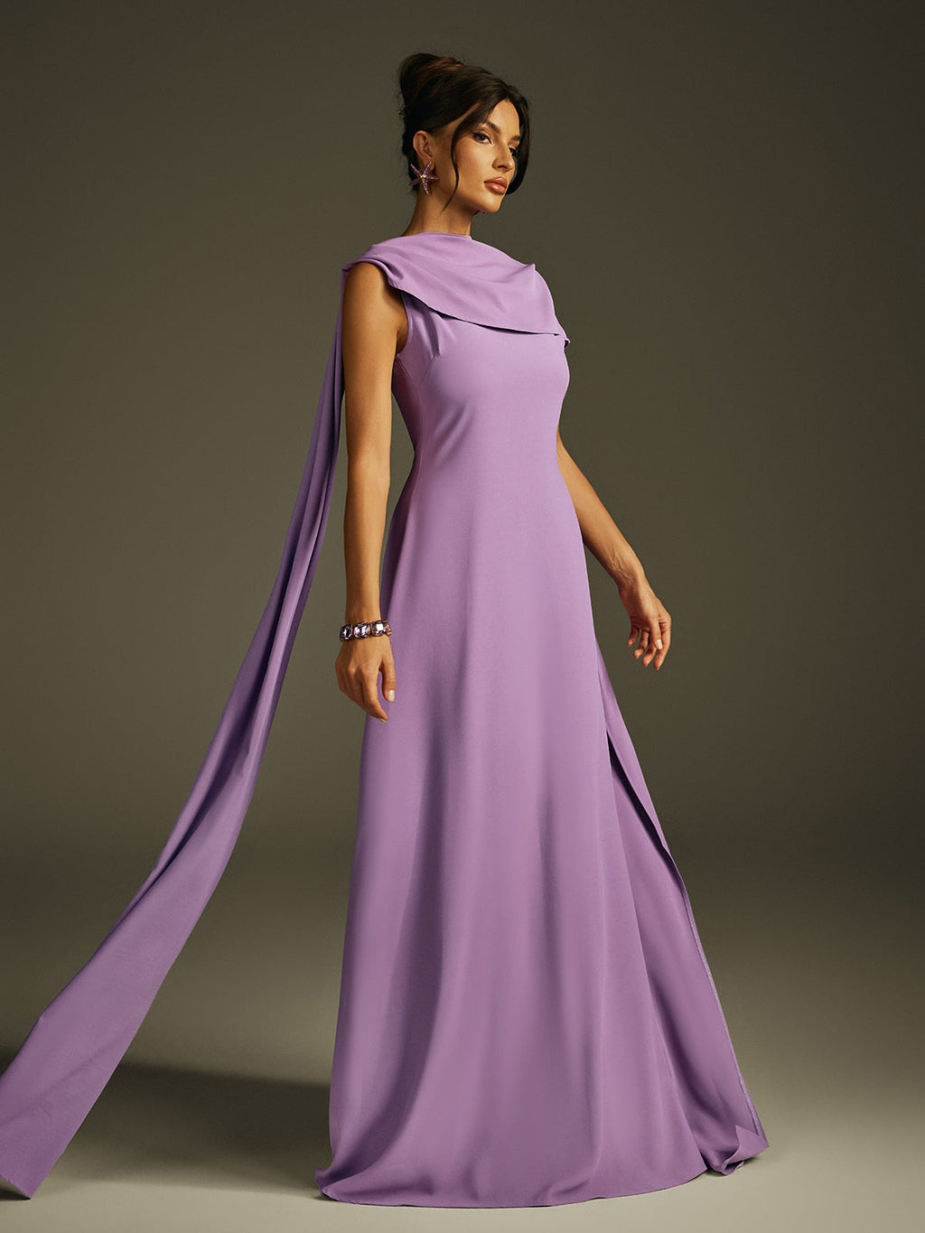 Sleeveless Cowl Neck Cape Panel Drape Floor Length Gown