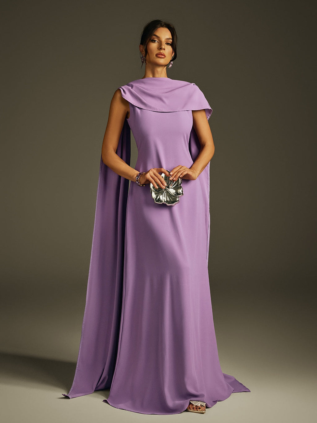 Sleeveless Cowl Neck Cape Panel Drape Floor Length Gown