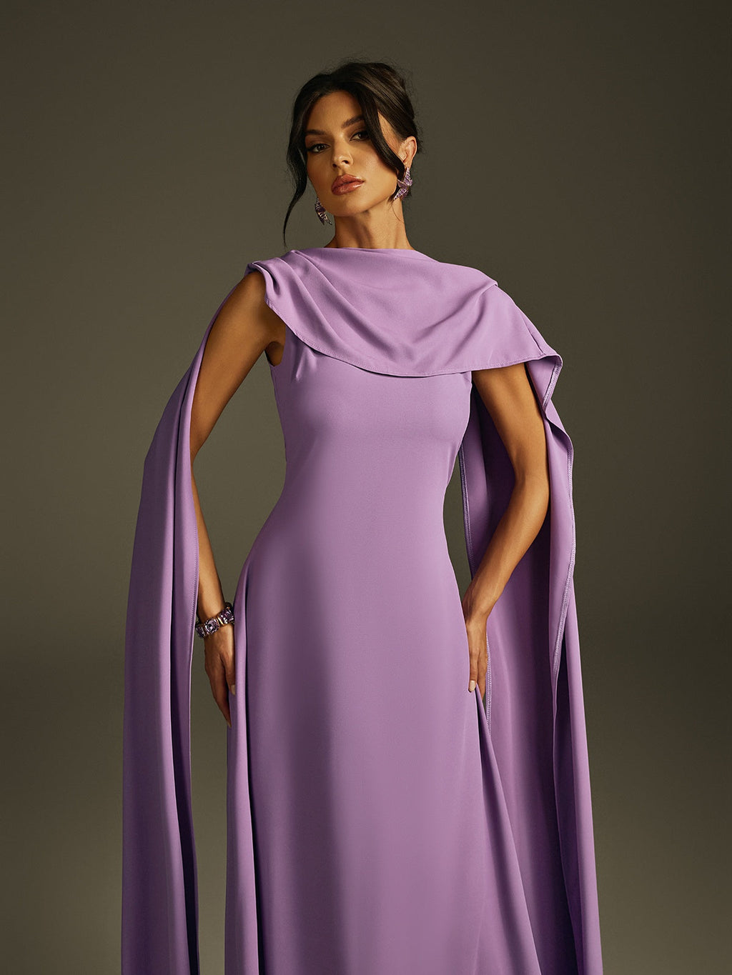 Sleeveless Cowl Neck Cape Panel Drape Floor Length Gown