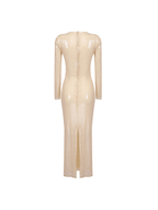 Sequin Long Sleeve Deep V-Neck Midriff Cutout 3D Floral Appliqué Maxi Dress