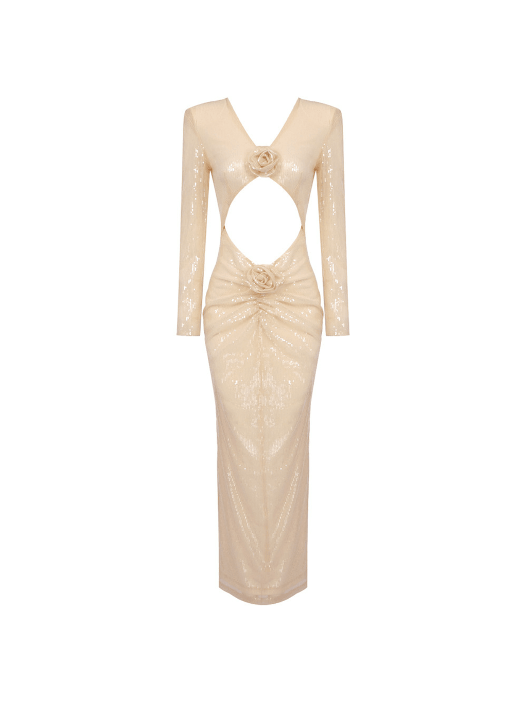 Sequin Long Sleeve Deep V-Neck Midriff Cutout 3D Floral Appliqué Maxi Dress