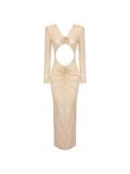 Sequin Long Sleeve Deep V-Neck Midriff Cutout 3D Floral Appliqué Maxi Dress