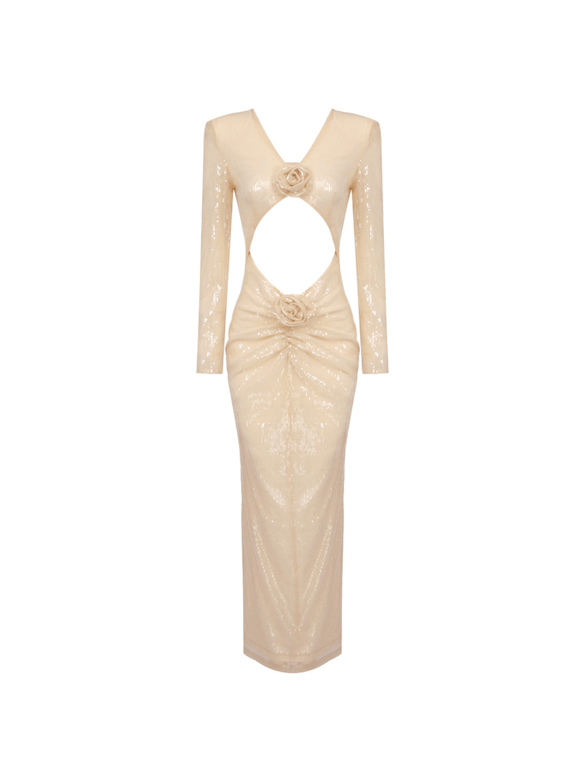 Sequin Long Sleeve Deep V-Neck Midriff Cutout 3D Floral Appliqué Maxi Dress