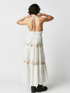 Floral Embroidery Plunging V-Neck Tie Waist Tiered Gauze Maxi Dress