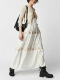Floral Embroidery Plunging V-Neck Tie Waist Tiered Gauze Maxi Dress