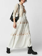 Floral Embroidery Plunging V-Neck Tie Waist Tiered Gauze Maxi Dress