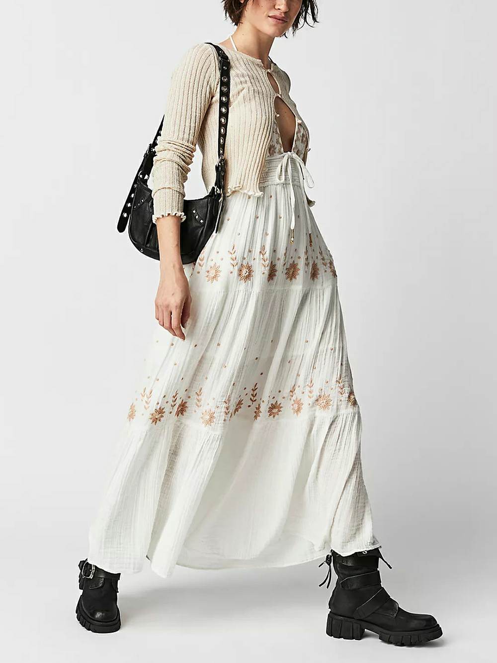 Floral Embroidery Plunging V-Neck Tie Waist Tiered Gauze Maxi Dress