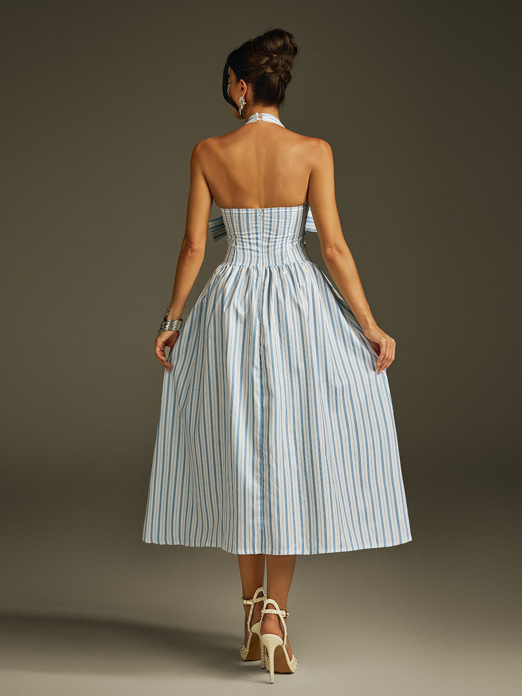 Halter Deep V-Neck Bow Bust Vertical Stripe Fit and Flare Midi Dress