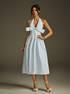 Halter Deep V-Neck Bow Bust Vertical Stripe Fit and Flare Midi Dress