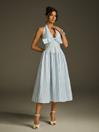 Halter Deep V-Neck Bow Bust Vertical Stripe Fit and Flare Midi Dress