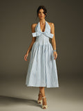 Halter Deep V-Neck Bow Bust Vertical Stripe Fit and Flare Midi Dress